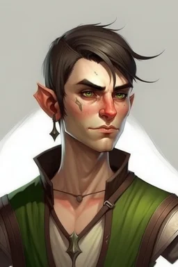 strong young half orc male androgynous who works at a tavern with short hair realistic