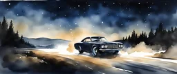 Car drifting in night in random landscape, aquarelle