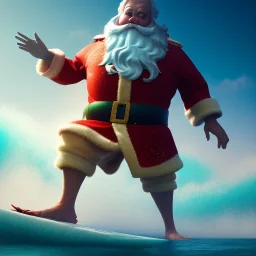 Santa standing of surfboard surfing a big wave, surfboard, beach, character design by cory loftis, fenghua zhong, ryohei hase, ismail inceoglu and ruan jia. unreal engine 5, artistic lighting, highly detailed, photorealistic, fantasy