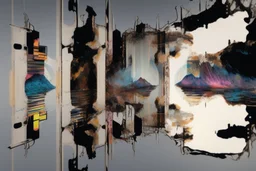 ink and paint of holo sizzle, arafed nonsense contradicting, double negative, unnerving , whimisical, grotesque, ink and tint leak, minimal, brutalist, juxtaposition, amazing reflections