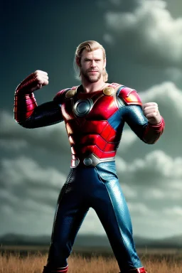 retro portrait image from 1960, sky background, wind, extra long blonde hair, fighting stance, young Chris Hemsworth, clean shave face, black dress, classic long tight lycra black suit, 2 steel disc in busty, big red cap, silver arms, gold bracelet and belt, high boots, soft color, highly detailed, classic comic Thor style, unreal engine 5, ray tracing, RTX, lumen lighting, ultra detail, volumetric lighting, 3d, finely drawn, high definition, high resolution.