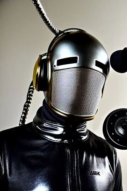 Metallic Cyber-punk style man with a web-camera-mask and old AKG-style headphones with golden. Large fencing mask covers man's cheeks. Man in good body shape. Reflective plastic body surface skin, full-coverage. Body and head full of integrated old-fashioned cameras and an old telephone. Silver to black latex surfaces body. Perfect body. Equations, Euclidean 3D-tiling, Escher tiling. 1996. Cables in head. Daft Punk. Matrix black leather jacket with a Hood. Chains.