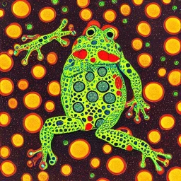 frog sitting on planet Yayoi Kusama