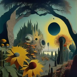 High definition photography of a marvelous landscape, trees, flowers, giant sun, people wearing masks, eerie, rock formations, Max Ernst surreal characters, Yves Tanguy, Henri Rousseau, thoughtful, interesting, a bit appalling, smooth