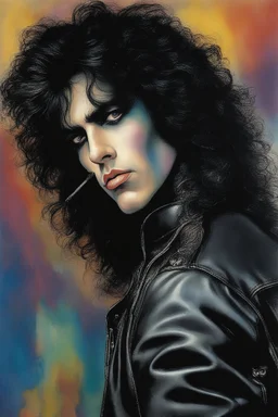 text "KISS" - facial portrait with makeup - 20-year-old Paul Stanley with long, wavy curly black 1980's style big hair, wearing a black leather jacket, extremely colorful, multicolored watercolor stained wall in the background - in the art style of Boris Vallejo, Frank Frazetta, Julie bell, Caravaggio, Rembrandt, Michelangelo, Picasso, Gilbert Stuart, Gerald Brom, Thomas Kinkade, Neal Adams - explosions, flames, fog, clouds, dust,