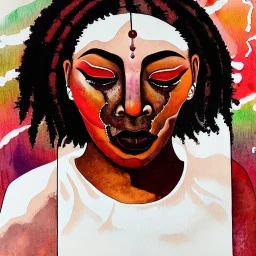 Oil and watercolour painting. Chakras. Sacred geometry. a brain exploding. kintsugi. Chaos. Portrait of a young black woman crying.a mind fracturing.confusion. Tears the colour of oil. Depression seeping out of her eyes nose and mouth like a oil spill