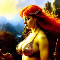 Drawing of beautiful face busty red Sonja,Sweet stare, balanciaga fashion clothe painting by gaston bussiere, greg rutkowski, yoji shinkawa, yoshitaka amano, tsutomu nihei, donato giancola, tim hildebrandt, oil on canvas, cinematic composition, extreme detail,fit full head inside picture,16k