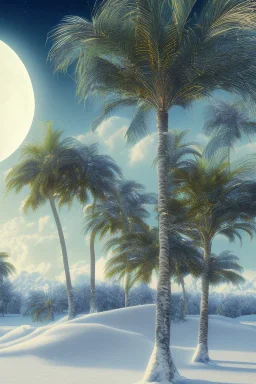 1980's aesthetic vaporwave palm trees with lighting with moon in the winter snow