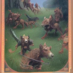 The hunters and hounds; a small part of nobles is riding out to hunt for a stag or other large animals. At least one of their hounds can be seen running ahead