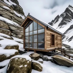 Hut out of wood, glass and rocks with special architecture. On a snowy, mountainous landscape