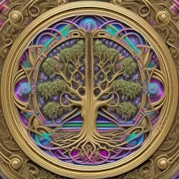 a Tree of life in ornate carved circle with muted rainbow colors as background, Tree of Life,, intricate, centered, stunning, gorgeous, ultra-fine detail, 8k, sharp, crisp, high-quality, 3d, realistic, baroque, rocco, detailed matte, selina french, anna dittmann, lisa parker, greg rutowski