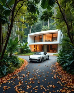 Cozy retreat, futuristic modern house in an tropical forest of vibrant colors. Contemporary design, clean lines and large windows, radiate a feeling of warmth and comfort. A white car parked on the winding road that leads to the house gives a touch of modernity to the rustic surroundings. The path is scattered with leaves. Around the house, mix of green, blue and yellow foliage. 8k