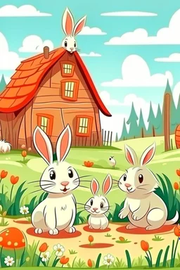 Cartoon rabbits on farm