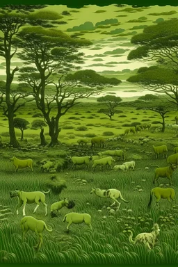 An olive green savanna filled with animals painted by Claude Monet