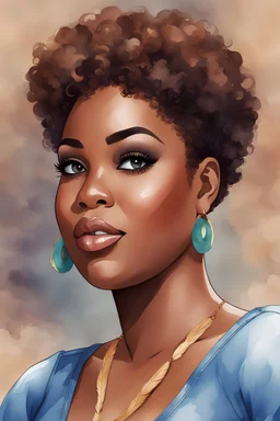 create a watercolor illustration of a plus size dark skinned black female wearing Tight blue jeans and a hazel brown off the shoulder blouse. Prominent make up with long lashes and hazel eyes. She is wearing brown feather earrings. Highly detailed short pixie cut