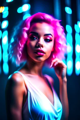 Artistic, charming, cinematic, mixed race, pale mulatto, perfect face, light pink hair, slight smile, Beautiful, coquettish pose, white glitter dress, bright shadows, light on face, pink lips.