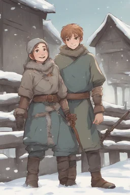 DnD style, two medieval peasant kids playing in the snow, female age 14 and male age 15, happy and playful, he has a short sword. Coats and pants