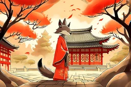 woman yokai, kitsune, japanese kimono, temple, forest