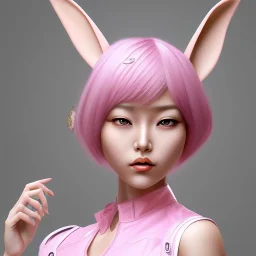 Asian woman, leaning pose, rabbit mask, pink short hair, latex suit, highly detailed,