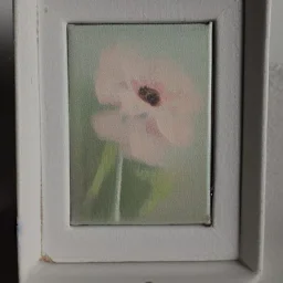 tiny oil painting of single long stem pressed flower, tiny white canvas, tiny white modern frame, melancholy, tender, moody, vintage, delicate arrangement, beautiful composition, etsy, aesthetic layout, plain solid white background