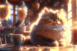 cute fluffy cat in a coffeehouse in sunshine Weight:1 detailed matte painting, deep color, fantastical, intricate detail, splash screen, complementary colors, fantasy concept art, 8k resolution trending on Artstation Unreal Engine 5 Weight:0.9