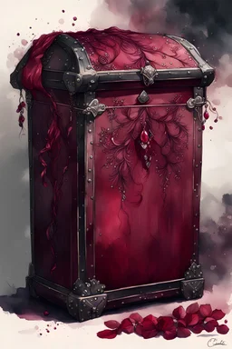 watercolor precious burgundy old trunk with black lace and rubies, Trending on Artstation, {creative commons}, fanart, AIart, {Woolitize}, by Charlie Bowater, Illustration, Color Grading, Filmic, Nikon D750, Brenizer Method, Side-View, Perspective, Depth of Field, Field of View, F/2.8, Lens Flare, Tonal Colors, 8K, Full-HD, ProPhoto RGB, Perfectionism, Rim Lighting, Natural Lighting, Soft Lighting, Accent Lighting, Diffraction Grading, With Imperfections