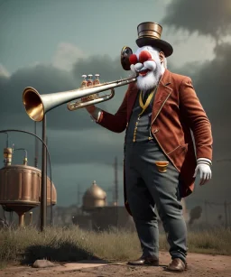 mechanoid old friendly fat clown with trimmed beard playing jazz with a steampunk theme, trumpet, realistic