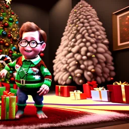 pixar style rendering, volumetric interior of old home with xmas tree is the background,peter billingsley is a chubby kid with glasses, gripping a single Dark red soap bar, ((brown))argyle sweater,