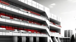 Estructura laberíntica de concreto blanco atravesada por líneas horizontales repetitivas, fachadas lisas interrumpidas por huecos negros mínimos, partes del edificio evaporándose en partículas y humo, arquitectura como objeto escultórico abstracto más que habitable, iluminación fría de atardecer reflejada sobre superficies pulidas, monocromía blanca y gris con un único acento rojo intenso, estética render cinematográfico mezclado con erosión pictórica