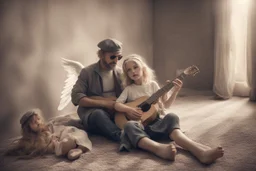 An angel handsome man with a very very!!! short, grey beard and moustache and a grey beret, with round black sunglasses and a shining halo plays guitar, in front of him a 7-year-old girl with blonde-brown hair is listening with her head propped on her elbow on a carpet, ethereal, heavenly, otherwordly, cinematic postprocessing, shading pastel and charcoal in sunshine, watercolor