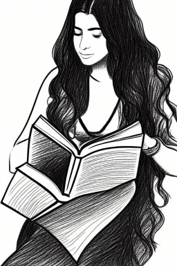 Pencil sketch of Young woman, Arab features,sad, long wavy hair, reading a book, full body، on lined paper