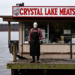 horror movie still, grainy color photography, faded colors, nihilistic, text "CRYSTAL LAKE MEATS" sign on a dilapidated butcher shop on a pier of a lake, foreboding, Jason Vorhees wearing a hockey mask and a butcher's apron standing in shop window, dramatic