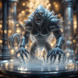 foaming giger escher ogre araknid sculpture in transparent murano glass beeing sprinkled by light fountain,bokeh like f/0.8, tilt-shift lens 8k, high detail, smooth render, down-light, unreal engine,bokeh like f/0.8, tilt-shift lens 8k, high detail, smooth render, down-light, unreal engine