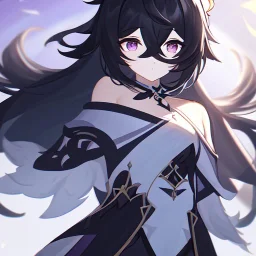 Clear focus, High resolution, rough line sketch art, long black hair, hair between eyes, fluffy hair, purple eyes, wearing a off shoulder shirt, no spaghetti strapes, dark aura, 1girl, wearing a skirt, genshin impact