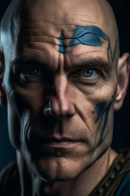 Portrait of a male warrior, scars on his face, shaved, middle age, blue eyes, handsome