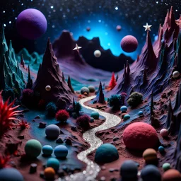 Detailed creepy landscape made of modeling clay, stars and planets, Roger Dean, Tim Burton, strong texture, Ernst Haekel, extreme detail, Max Ernst, decal, rich moody colors, sparkles, bokeh, odd