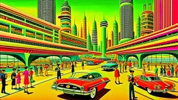 Weird retro-future. The cities and people of an alternative 1950's world where everything is a little bit different and weird, art deco, bizarre