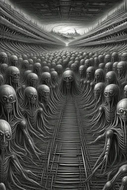 A field of thousands hands , a thin line draw ،front view camera, surreal horror, biomechanical design, by hr giger and beksinski , Busch painting style