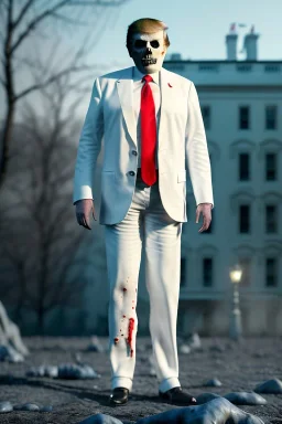 Ultra realistic image, Donald trump zombie, zombie performance, suit, skull, blood, torn arm, night, walking twisted, waist up view, thriller style, dark ambient, highly detailed, White House background, concept art, unreal engine 5, ray tracing, RTX, ultra detail, volumetric lighting, high definition, high resolution.