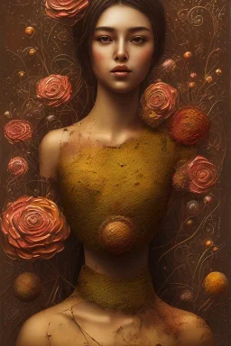 an abstract painting of rusted metal and flowers and mushroom,beautiful girl portrait, rust, scaffolding, iron cladding, decay, mixed media, textured, anatomically correct, beautiful perfect face, sharp focus, highly detailed