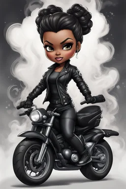 Create a digital airbrush illustration of a chibi cartoon full figure black female riding a sports motorcycle. She is wearing biker jacket and black tights with biker boots. Prominent make up with log lashes and hazel eyes. Extremely highly detailed black shiny wavy hair up in a messy bun. Background of smoke surrounding her and the bike and she's at a bike show.