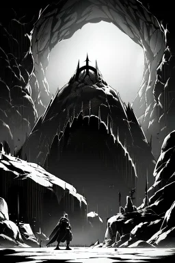 A beam shines in the middle of an immense and dark cave, greyscale