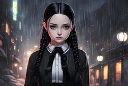 wednesday addams in 8k anime realistic drawing style, Gothic them, neon effect, close picture, rain, highly detailed, high details, detailed portrait, masterpiece,ultra detailed, ultra quality