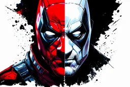 Poster in two gradations, split in half, one side "deadpool", other side "batman", midline of the face, painting by Yoji Shinkawa, tones and colours randoms, , detailed iridescent, metallic, translucent, dramatic lighting, hyper futuristic, digital art,