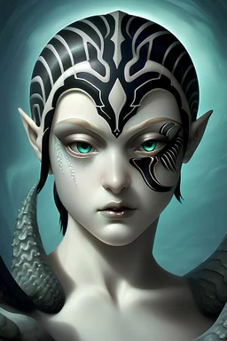 Siren, with six arms, white skin, fish scales, fish gills, a black greek helmet, and black obsidian geometric jewelry.