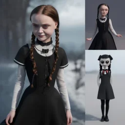  Greta Thunberg with wednesday addams black dress,soft goth libstick, wednesday addams make up, overknee socks, dramatic lighting, highly detailed oil painting, volumetric lighting