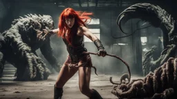 Full-body retro photo of a woman with straight red hair and a Fringe, in a fight with a monster, wrapped in tenacles, in an action pose, sci-fi Background