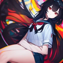 Clear focus, High resolution, long black fluffy hair, red eyes, chopped bangs, wearing a sailor uniform, wearing a sailor skirt, colorful, hollywood, female, human, mortal, thin legs, no outlines, extreme close up