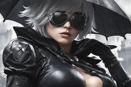 Hot 2B with sunglasses in 8k nier automata artstyle, 2B Custom, blindfold, close picture, rain, fantasy world, intricate details, highly detailed, high details, detailed portrait, masterpiece,ultra detailed, ultra quality