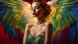 a beautiful, powerfull angel. face of a playboy model. huges wings. blues, green and red lightning. beautiful arms and hands. transparent nail polish. exquisite realism, a masterpiece, fantasy concept art, dynamic lighting, hyperdetailed, intricately detailed, deep color, volumetric lighting, Epic cinematic brilliant stunning intricate meticulously detailed dramatic atmospheric maximalist,